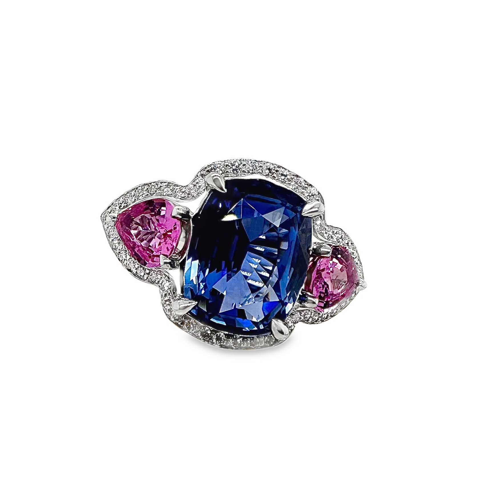 Platinum Sapphire and Diamond Three-Stone Ring with Halo - SP427