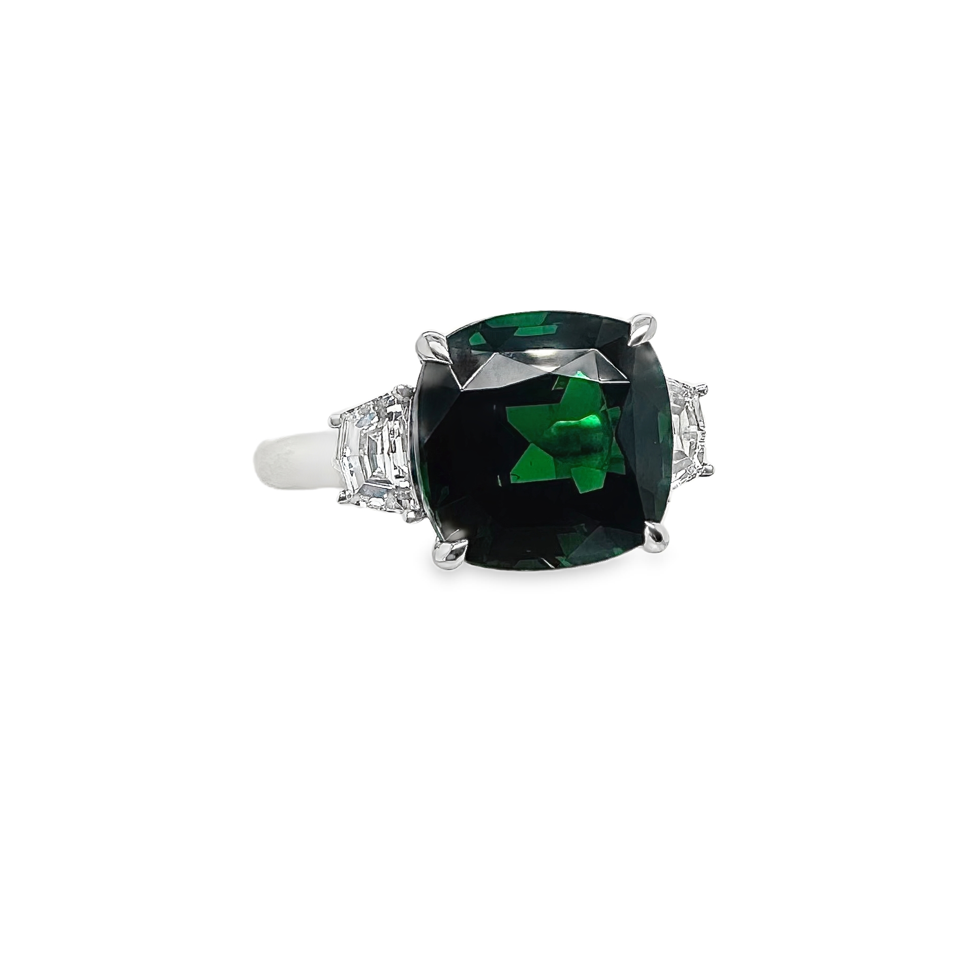 Platinum Tsavorite and Diamond Three-Stone Ring