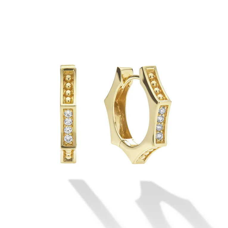 Caviar Gold  18K Gold Caviar Hexagon Diamond Huggie Earrings