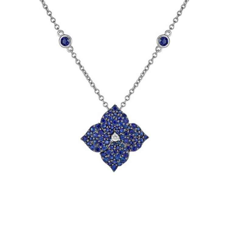 18K White Gold Large Blue Sapphire and Diamond Flower Necklace - P1414-157