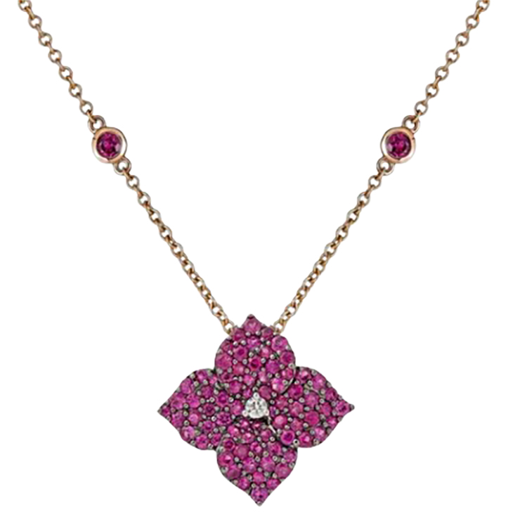 18K Rose Gold Small Pink Sapphire and Diamond Flower Necklace