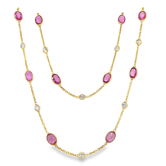 18K Yellow Gold Pink Sapphire and Diamond Necklace - N6029-8