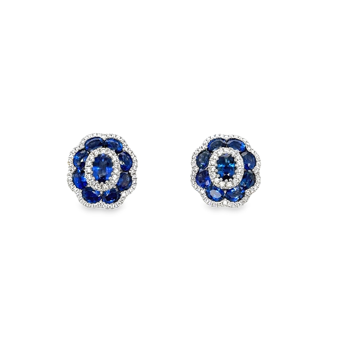 18K White Gold Blue Sapphire and Diamond Flower Earrings