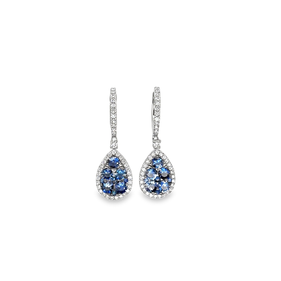 18K White Gold Blue Sapphire and Diamond Dangle Earrings