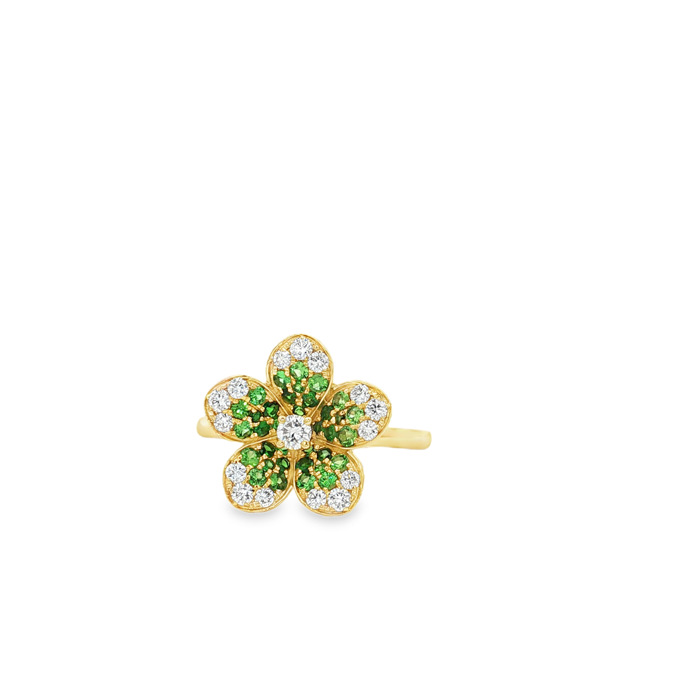 18K Yellow Gold Diamond and Tsavorite Flower Ring