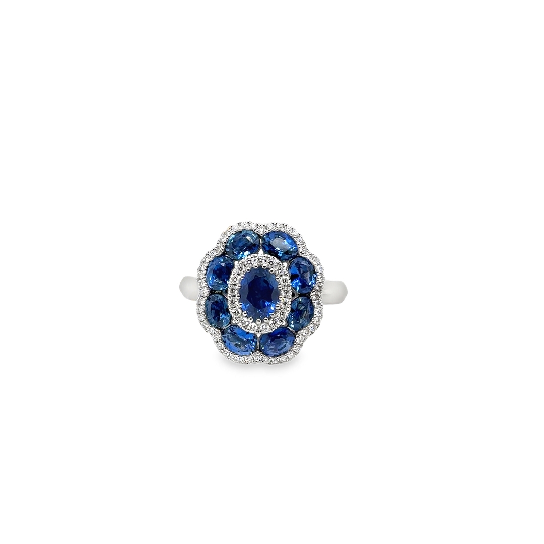 18K White Gold Blue Sapphire and Diamond Flower Ring
