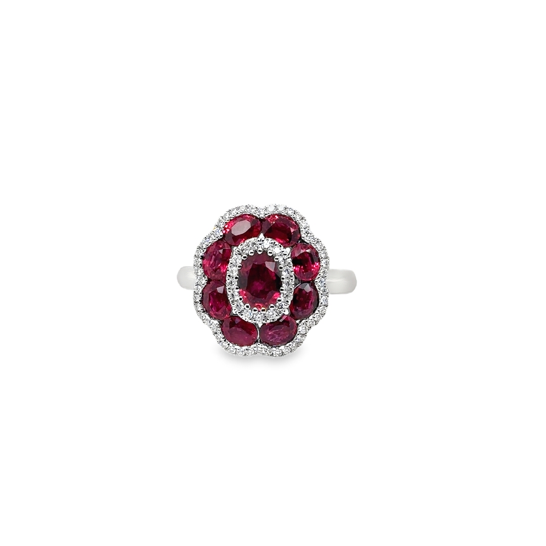 18K White Gold Ruby Diamond Flower Ring