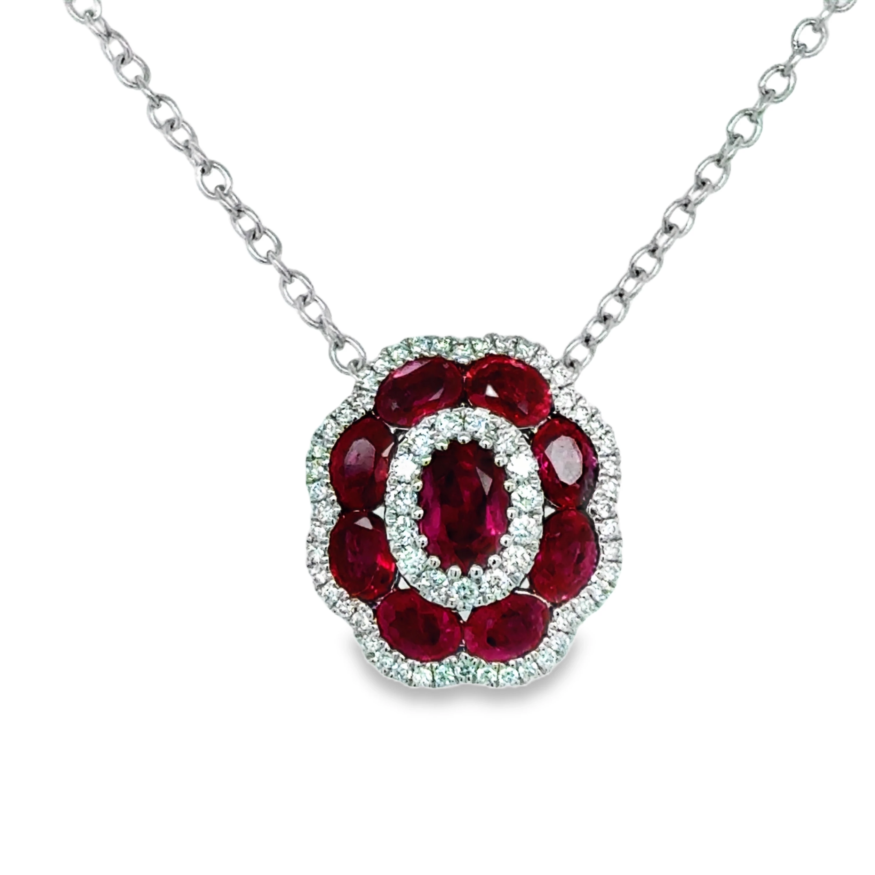 18K White Gold Ruby and Diamond Flower Necklace