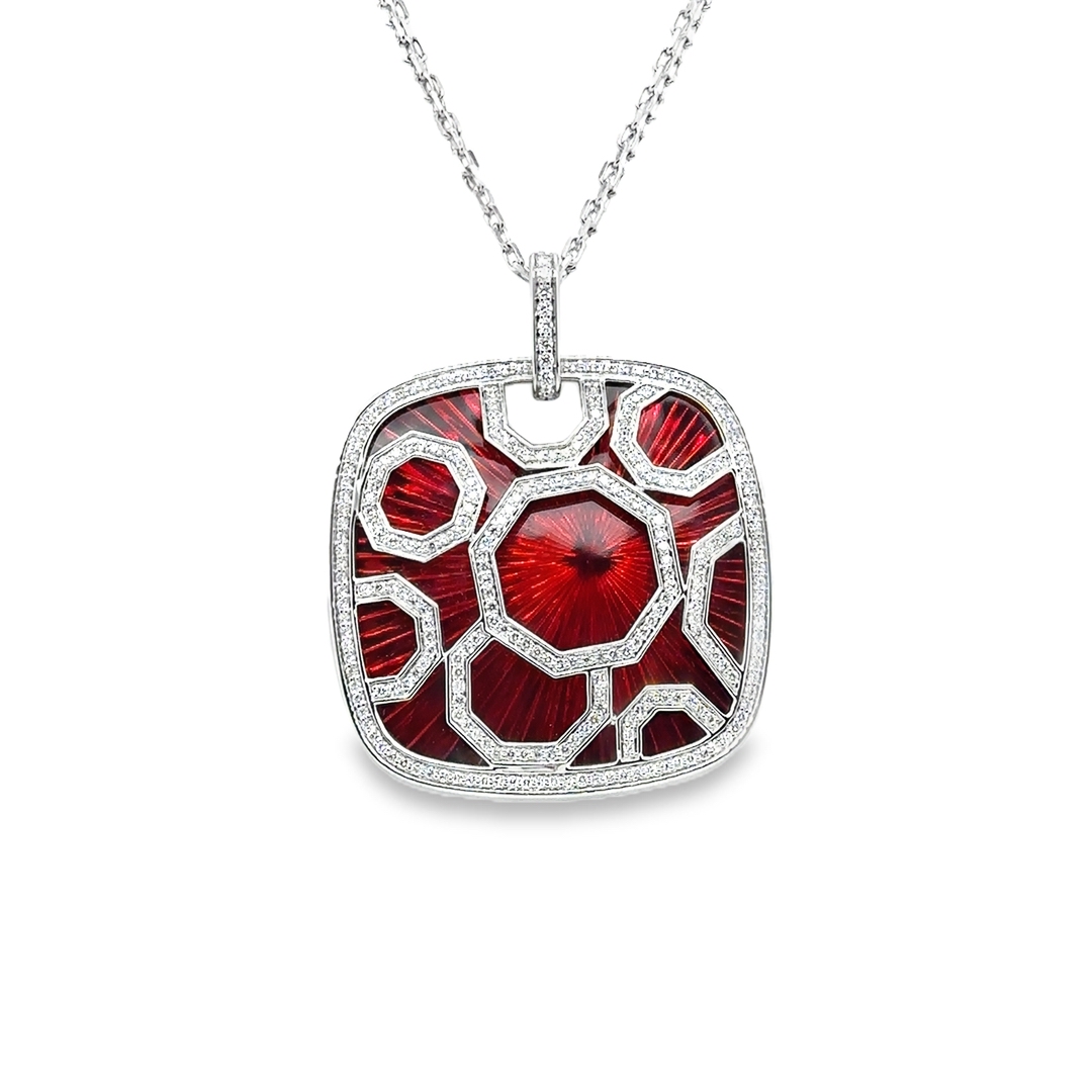 18K White Gold Burgundy Enamel and Diamond Necklace