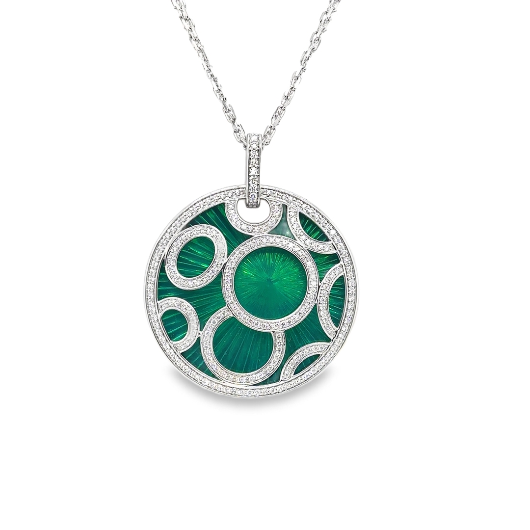 18K White Gold Green Enamel and Diamond Necklace