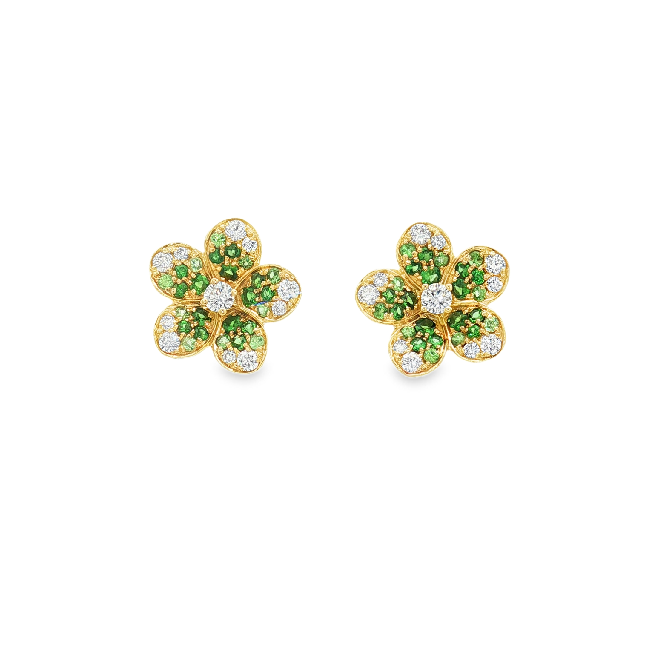 18K Yellow Gold Diamond and Tsavorite Flower Earrings