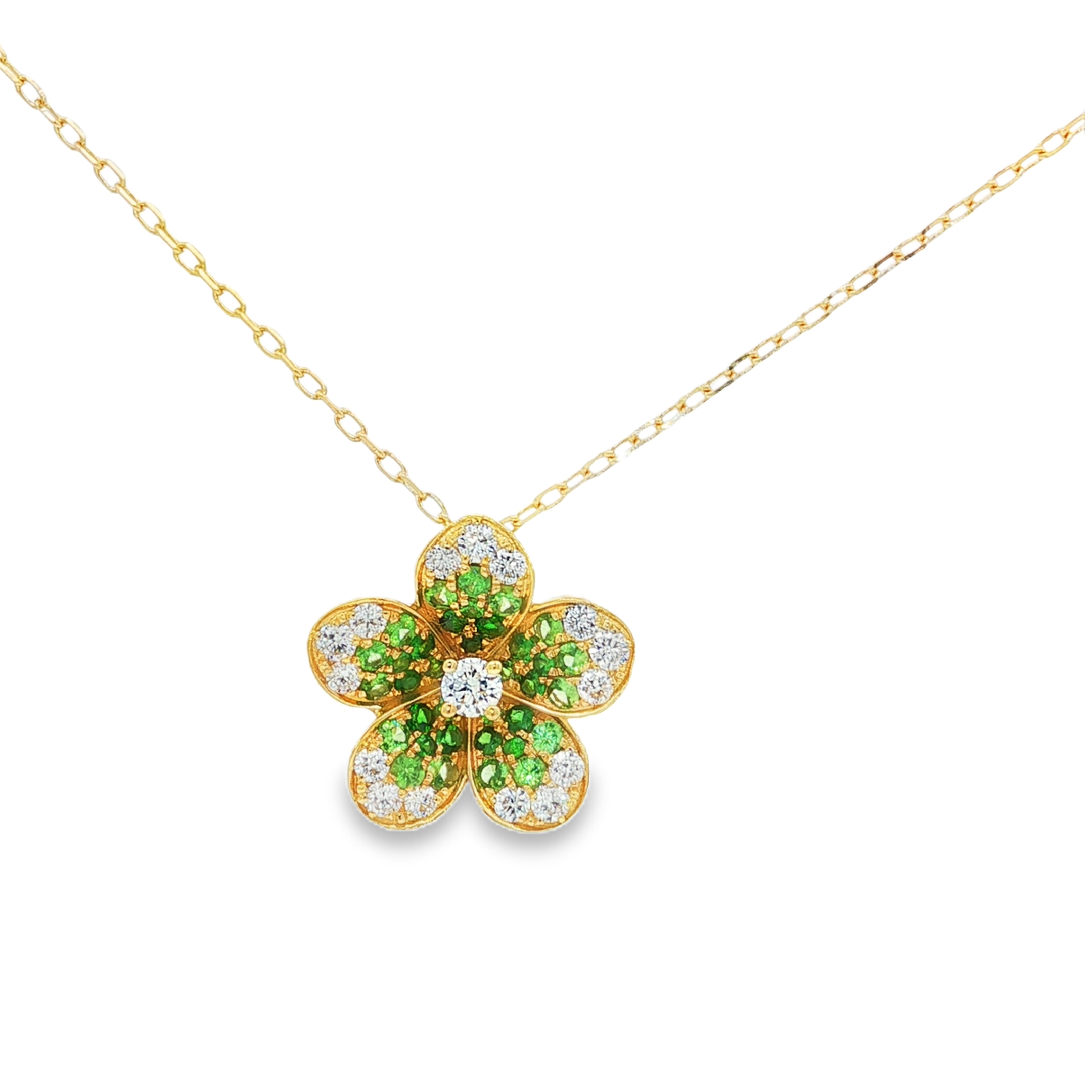 18K Yellow Gold Tsavorite and Diamond Flower Necklace