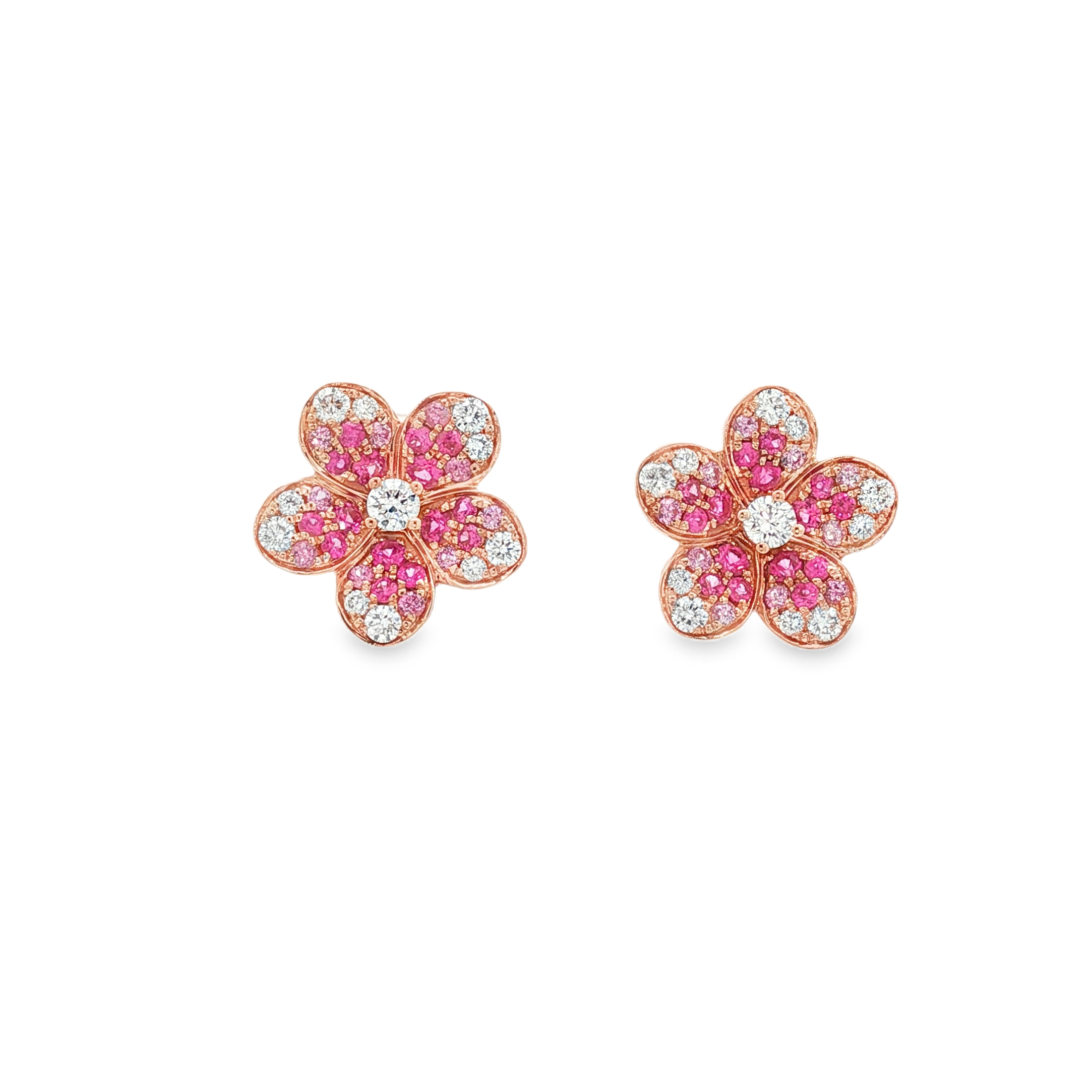 18K Yellow Gold Diamond and Pink Sapphire Flower Stud Earrings