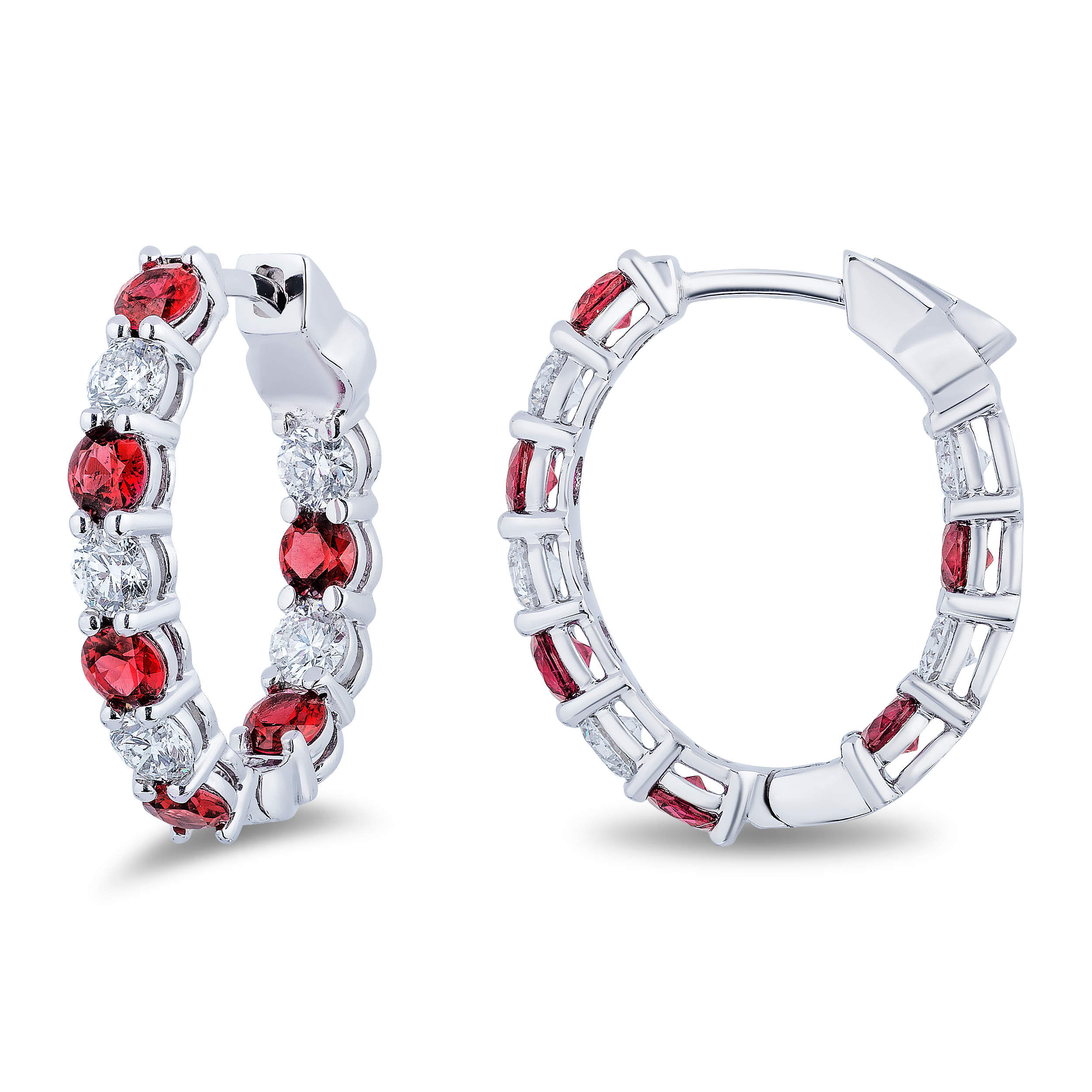 18K White Gold Ruby and Diamond Inside Outside Hoop Earrigs
