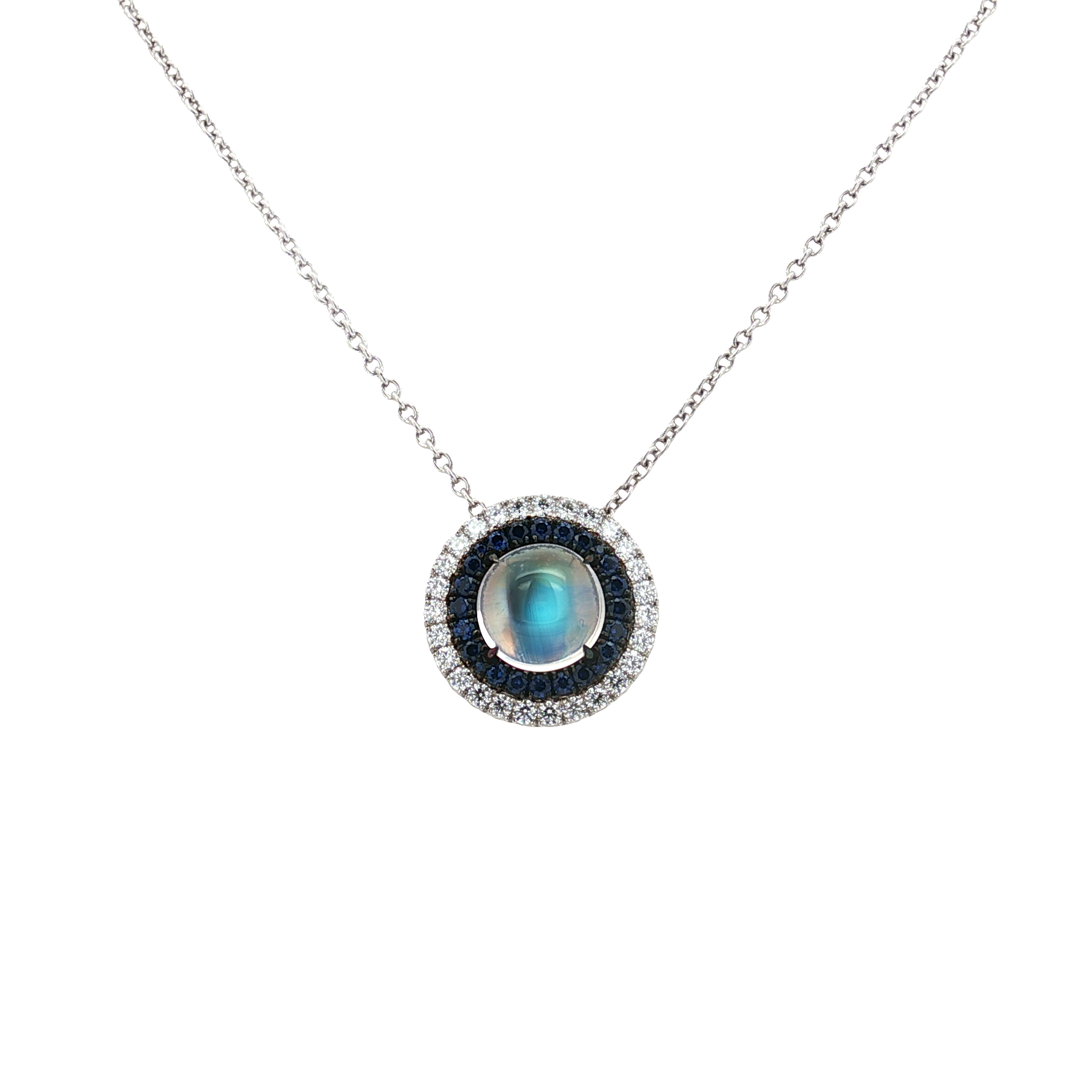 TIVOL Platinum Moonstone Diamond and Sapphire Halo Necklace
