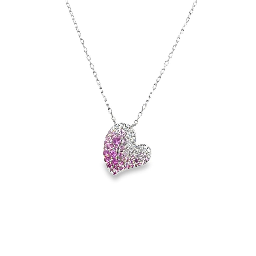 18K White Gold Sapphire and Diamond Heart Necklace