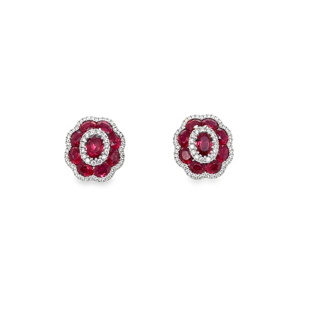 18K White Gold Ruby and Diamond Flower Earrings