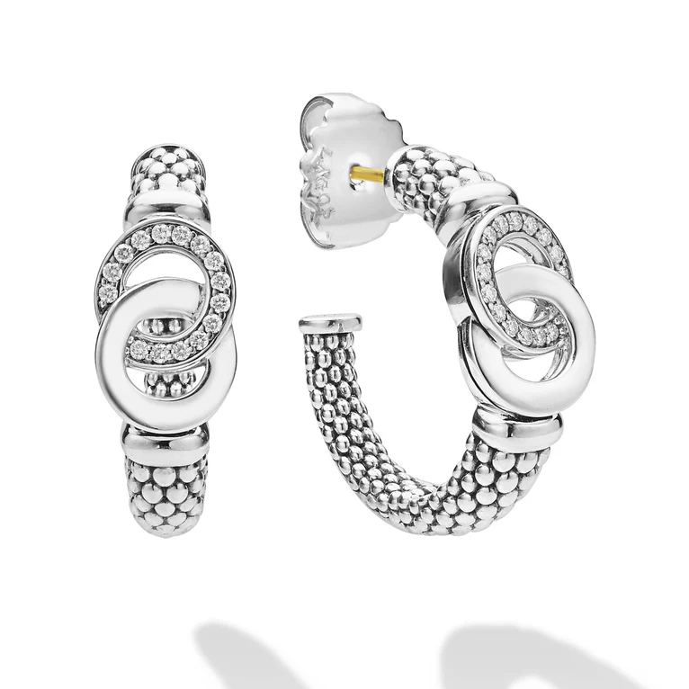 LAGOS Sterling Silver Signature Caviar Diamond Interlocking Hoop Earrings