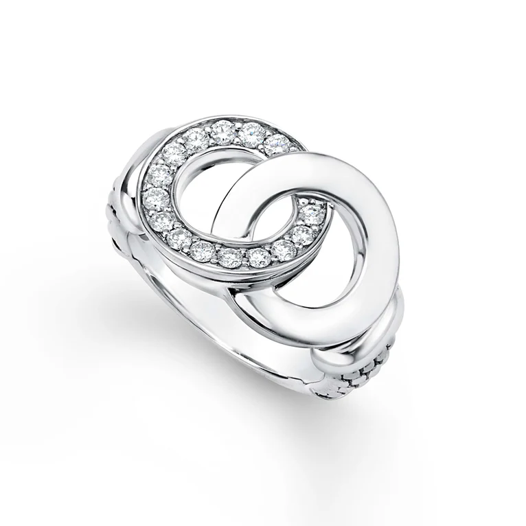 LAGOS Sterling Silver Signature Caviar Large Diamond Interlocking Ring