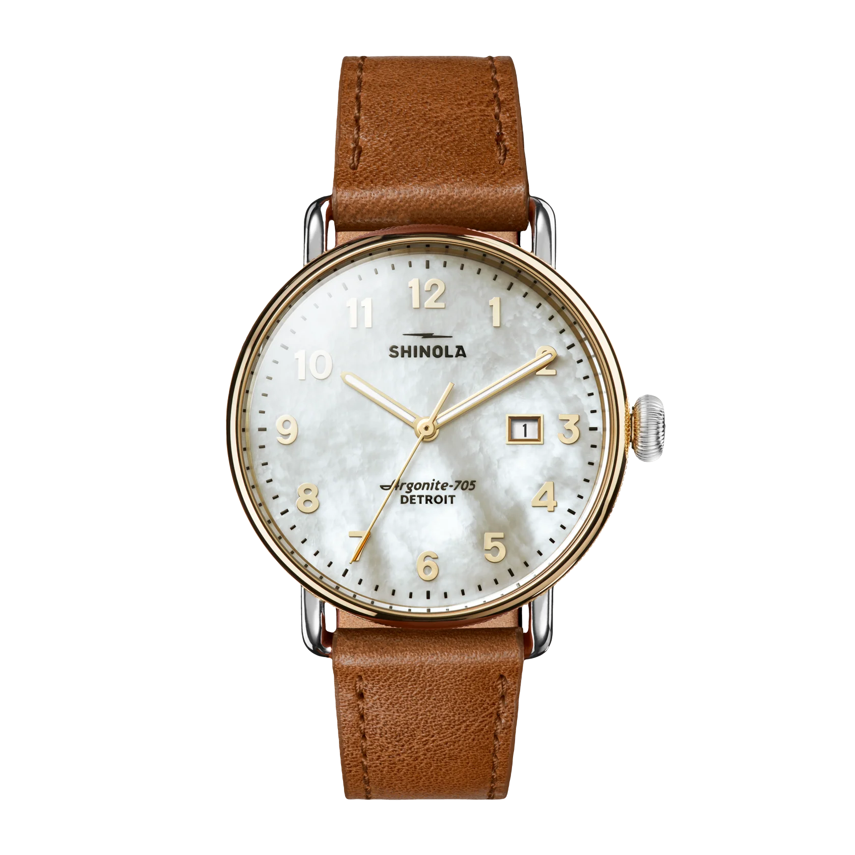 SHINOLA CANFIELD 38MM WHT MOP TAN STRAP - S0120315244