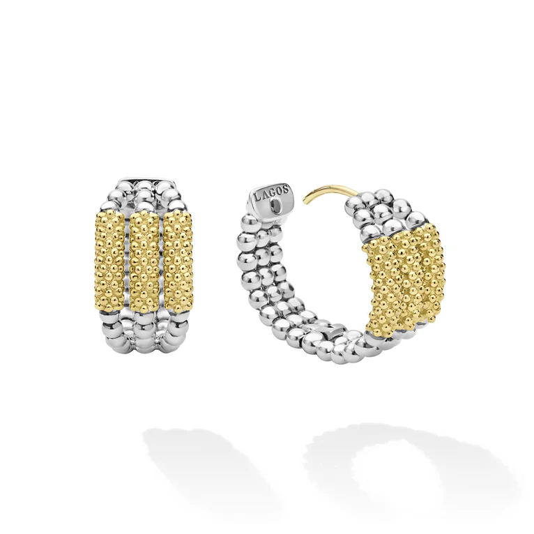 LAGOS Sterling Silver and 18K Yellow Gold Caviar Icon Three Ring Caviar Gold Bar Huggie Earrings