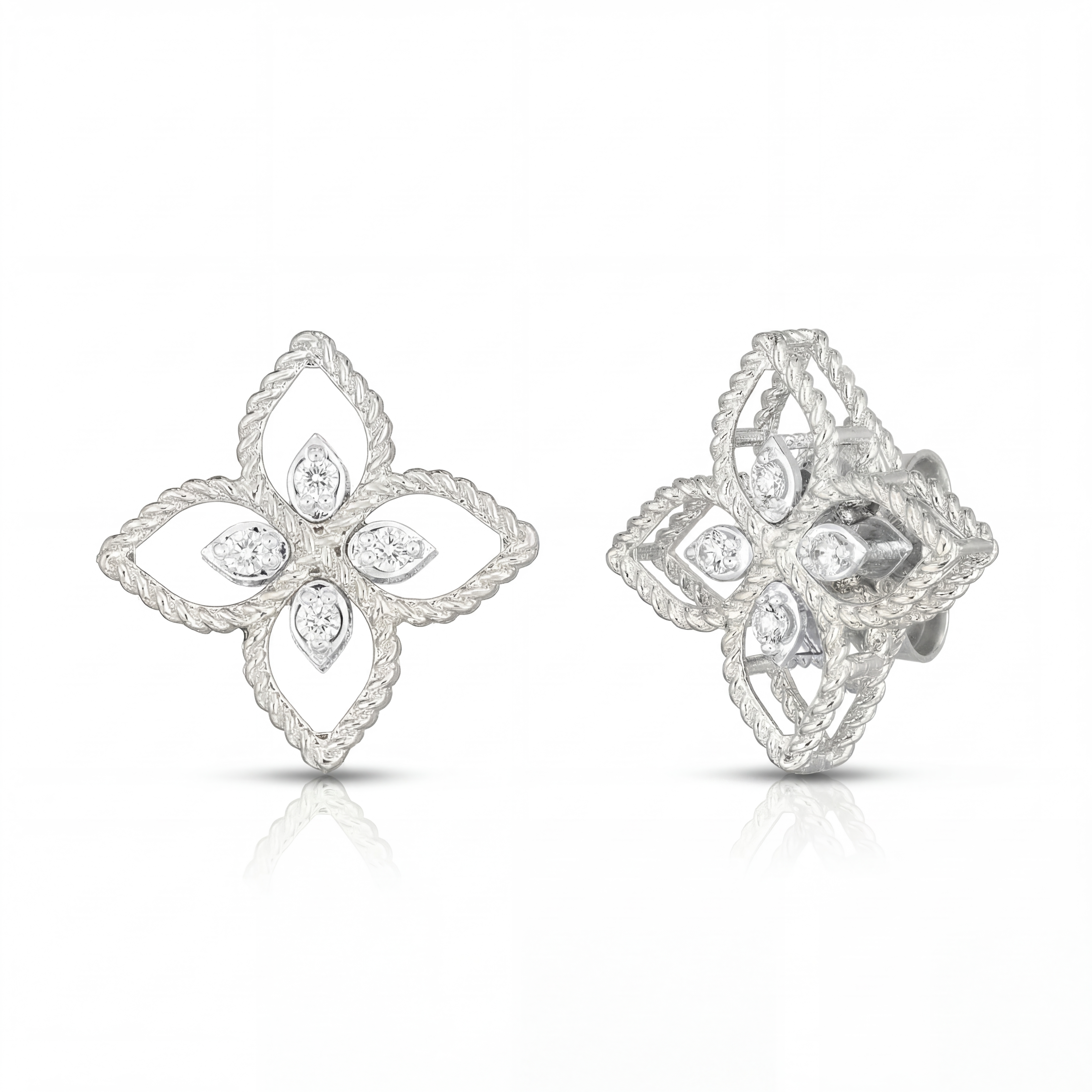18K WHITE GOLD PRINCESS FLOWER SMALL DIAMOND STUD EARRINGS