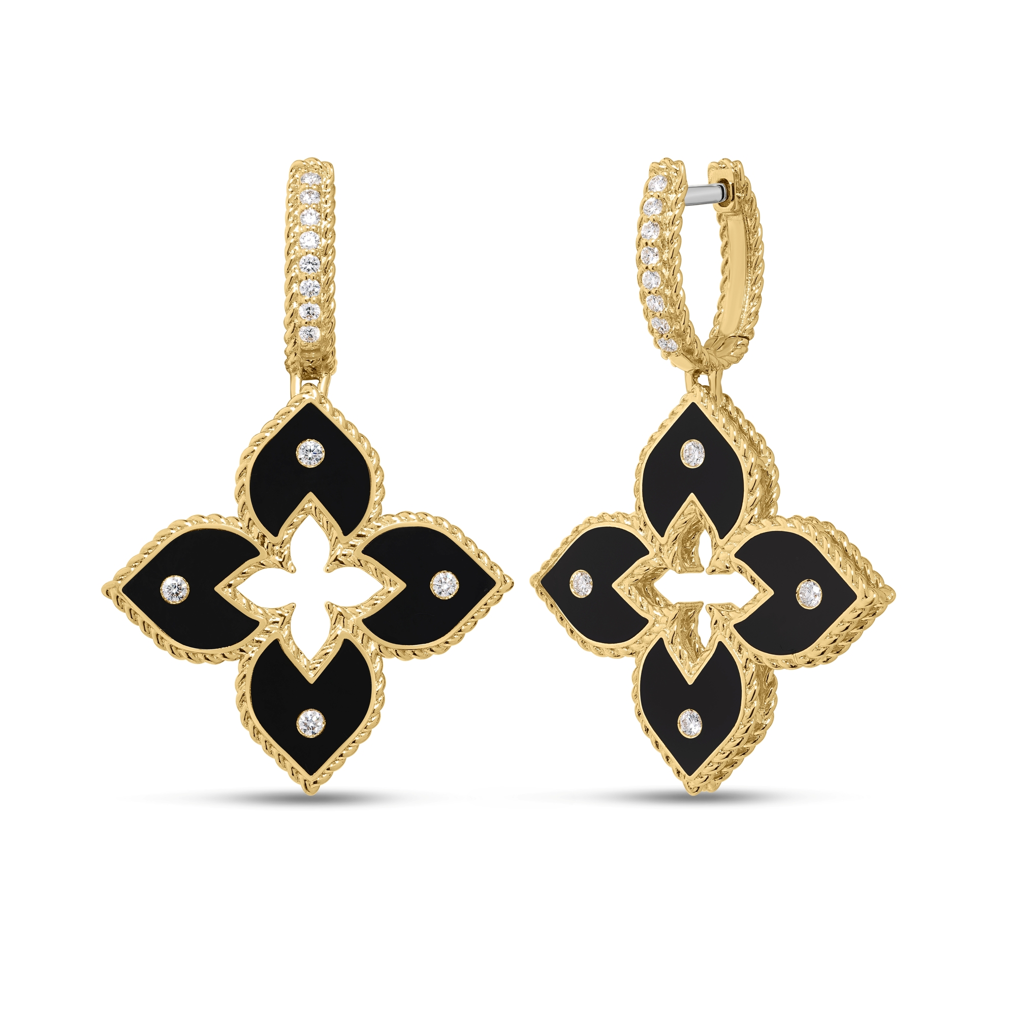 Roberto Coin 18K Yellow Gold and Black Enamel Venetian Princess Diamond Flower Drop Earrings