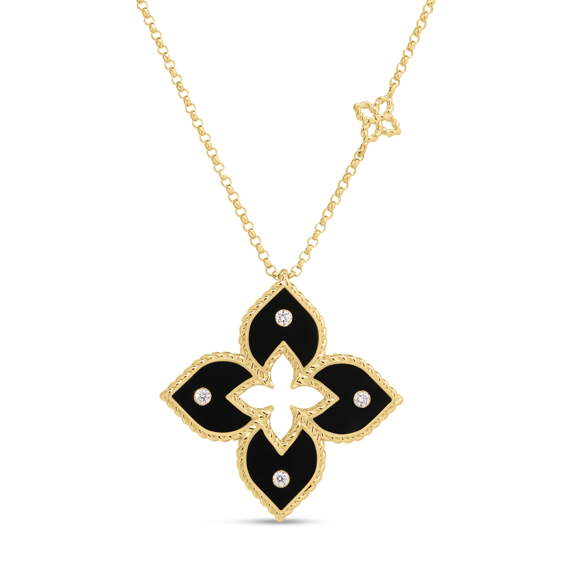 Roberto Coin 18K Yellow Gold and Black Enamel Venetian Princess Large Diamond Flower Necklace