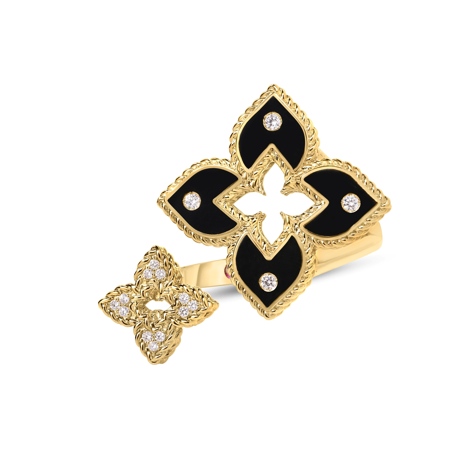 Roberto Coin 18K Yellow Gold and Black Enamel Venetian Princess Diamond Flower Bypass Ring