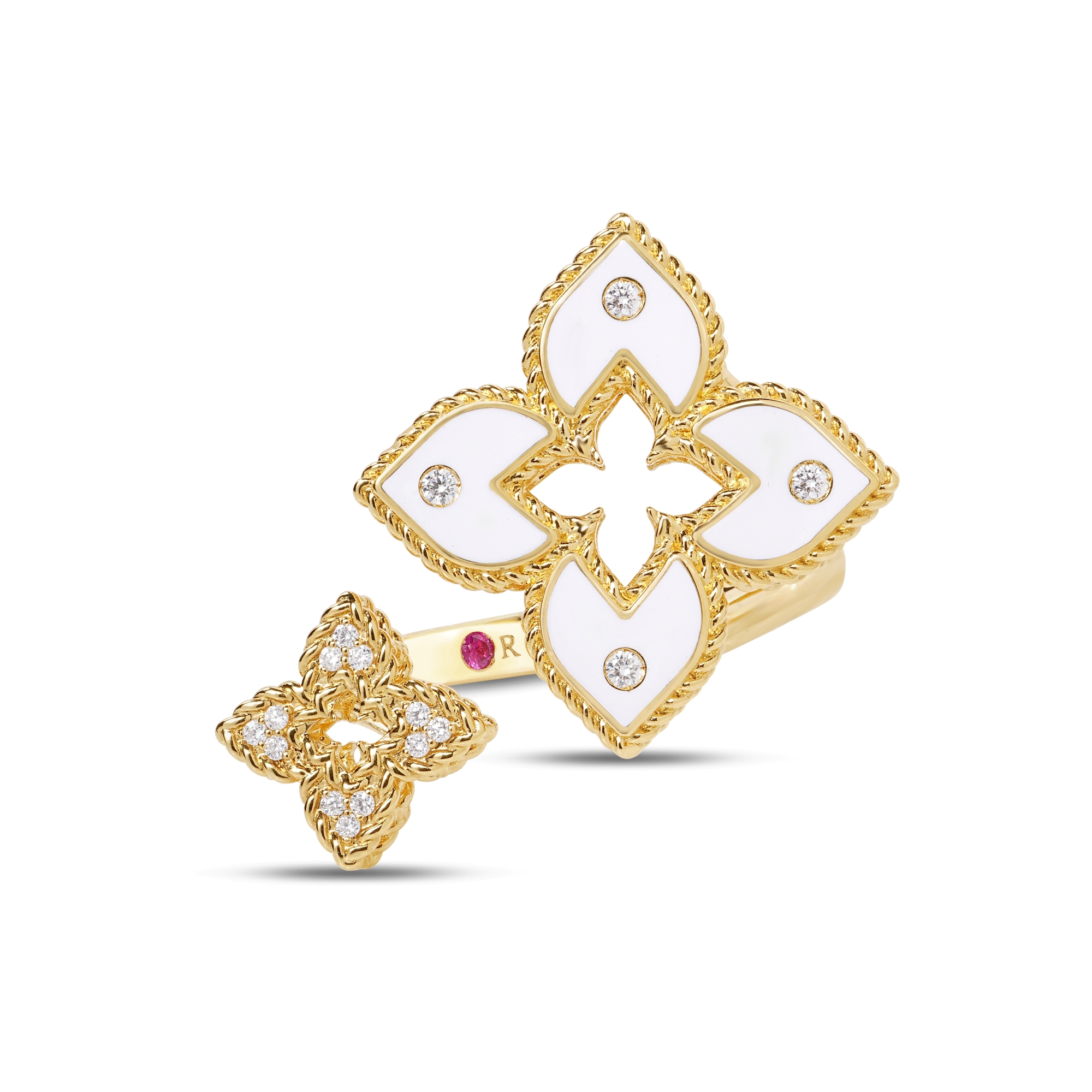Roberto Coin 18K Yellow Gold and White Enamel Venetian Princess Diamond Flower Bypass Ring