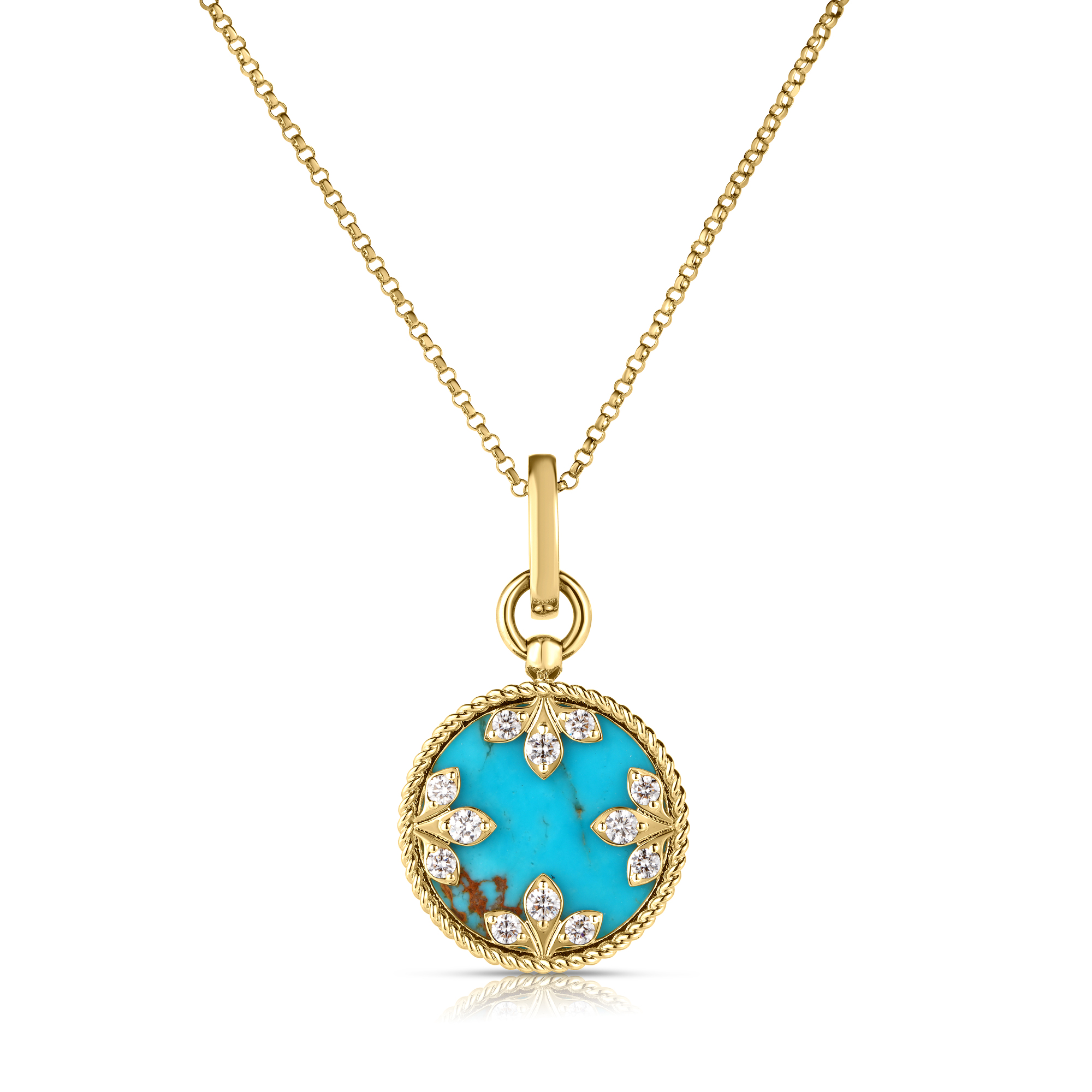 18K YELLOW GOLD VENETIAN MEDALLIONS MEDIUM DIAMOND AND TURQUOISE NECKLACE