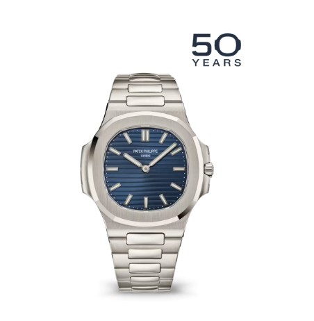 PATEK PHILIPPE PLATINUM 50TH ANNIVERSARY NAUTILUS 38MM WATCH BLUE DIAL BRACELET - 5610/1P-001