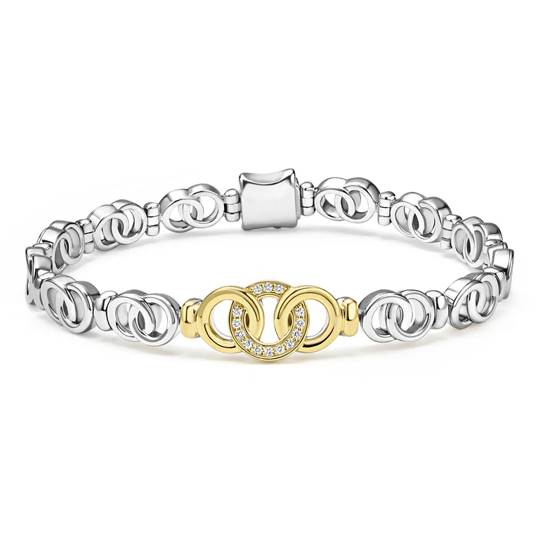 LAGOS Sterling Silver and 18K Yellow Gold Signature Caviar Diamond Interlocking Link Bracelet