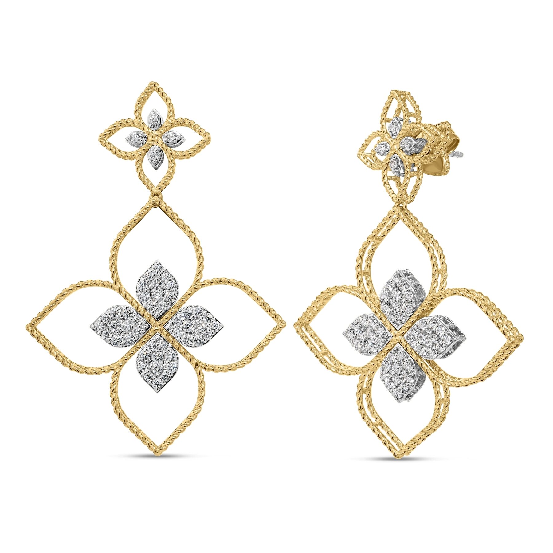 Roberto Coin 18K Yellow and White Gold Princess Flower Large Open Frame Diamond Drop Earings