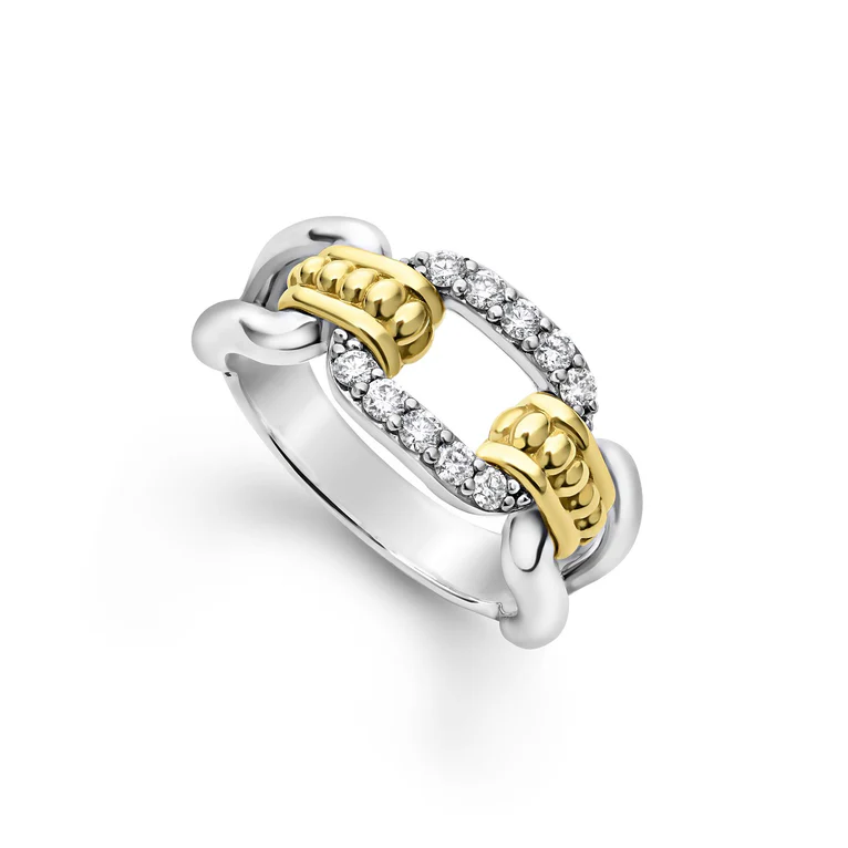 LAGOS Sterling Silver and 18K Yellow Gold Signature Caviar Diamond Link Ring