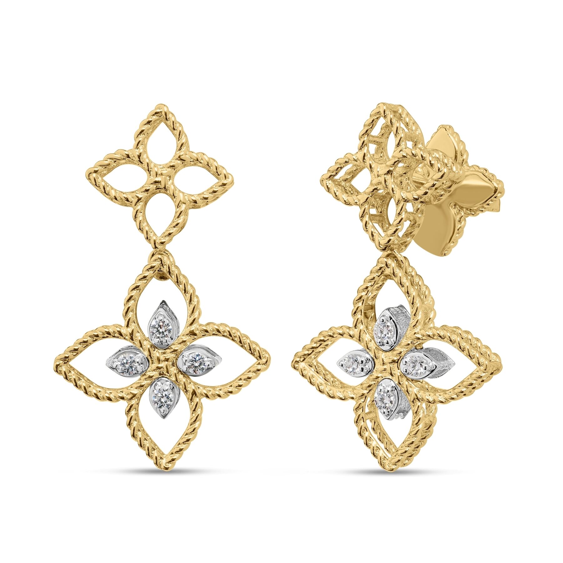 Roberto Coin 18K Yellow and White Gold Princess Flower Open Frame Diamond Drop Earrings