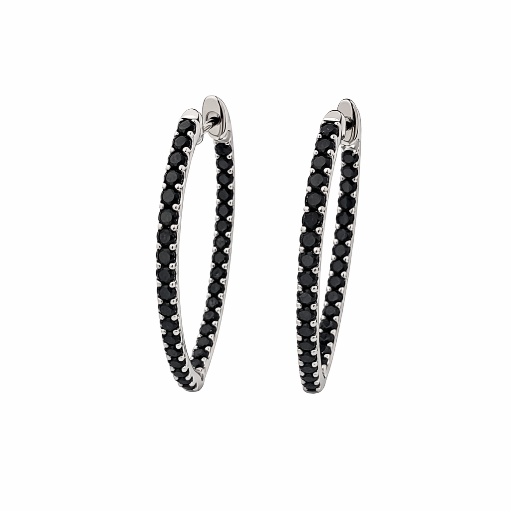 18K White Gold Black Diamond Inside Outside Hoop Earrings