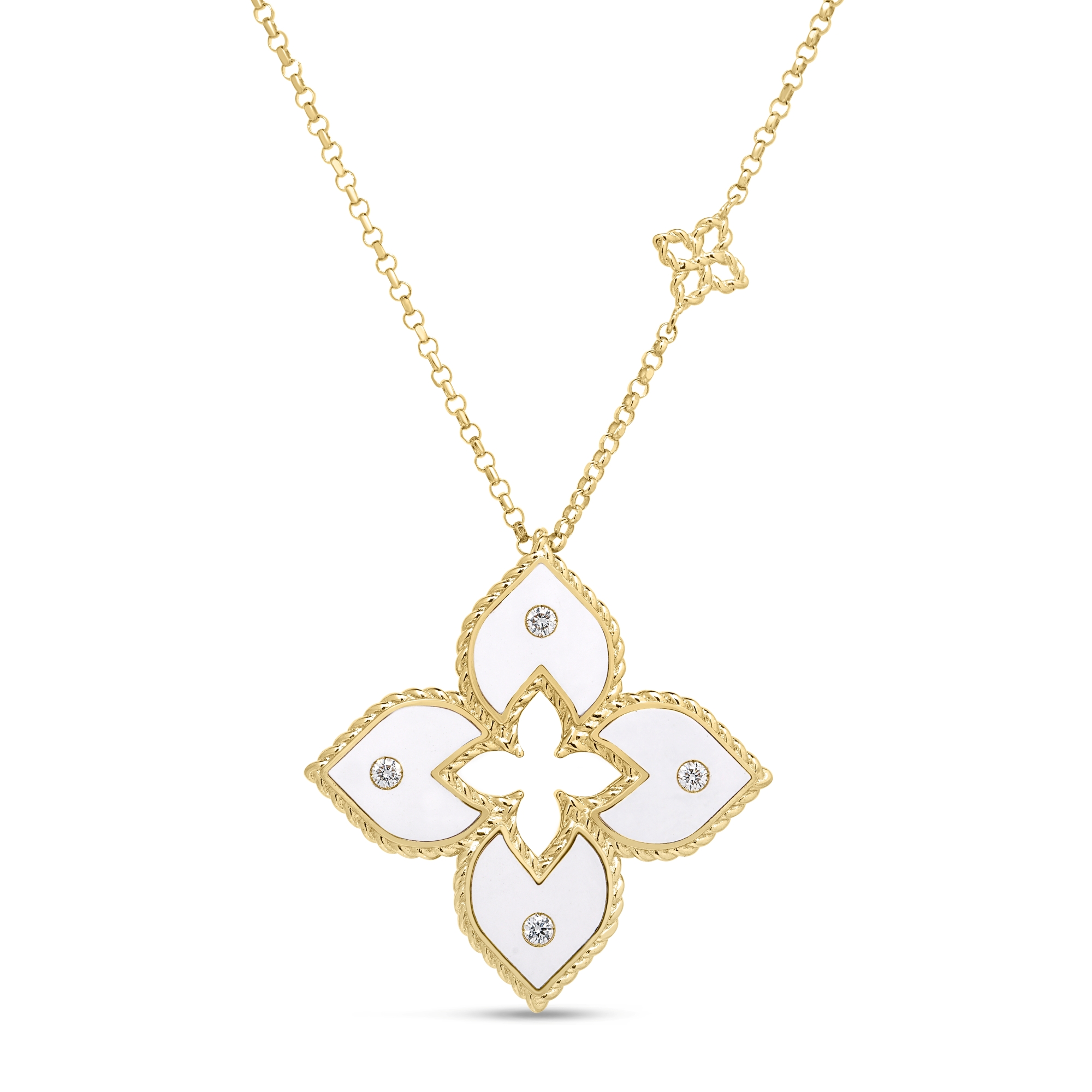 Roberto Coin 18K Yellow Gold Venetian Princess Pave Diamond and White Enamel Flower Necklace