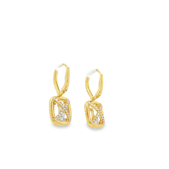 Henri Daussi 18K Yellow and White Gold Diamond Halo Drop Earrings