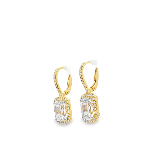 Henri Daussi 18K Yellow and White Gold Diamond Halo Drop Earrings