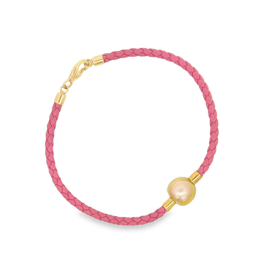 Jewelmer 18K Yellow Gold and Pink Leather Golden Pearl Bracelet - 6577