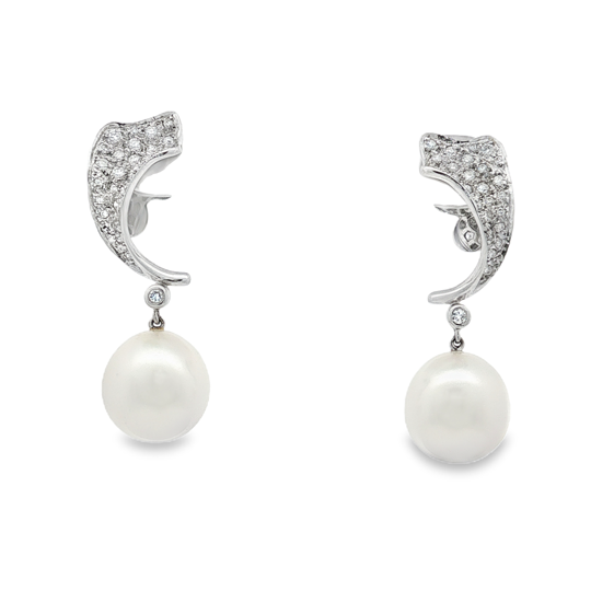 Jewelmer 18K White Gold Diamond and South Sea Pearl Drop Earrings