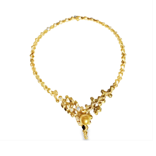 18K Yellow Gold Diamond and Golden South Sea Pearl Necklace - ILLU-NL-B/KJA000013019