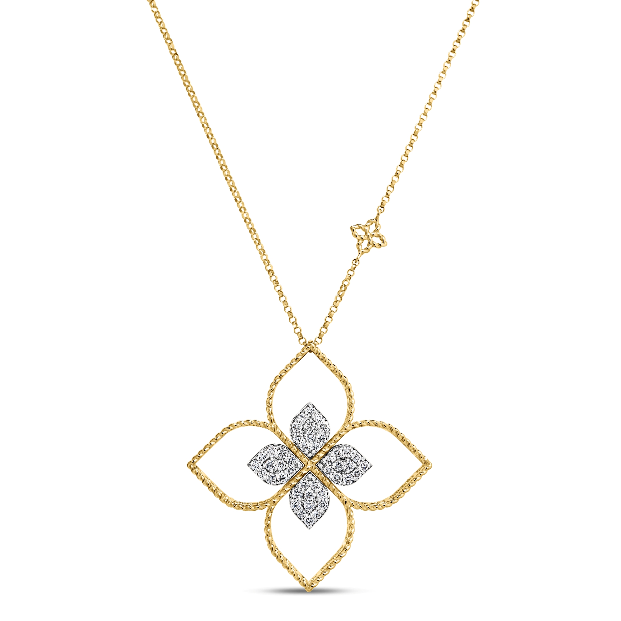 Roberto Coin 18K Yellow and White Gold Princess Flower Large Open Frame Pave Diamond Necklace