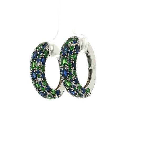 Robert Procop Platinum American Glamour Sapphire and Tsavorite Hoop Earrings
