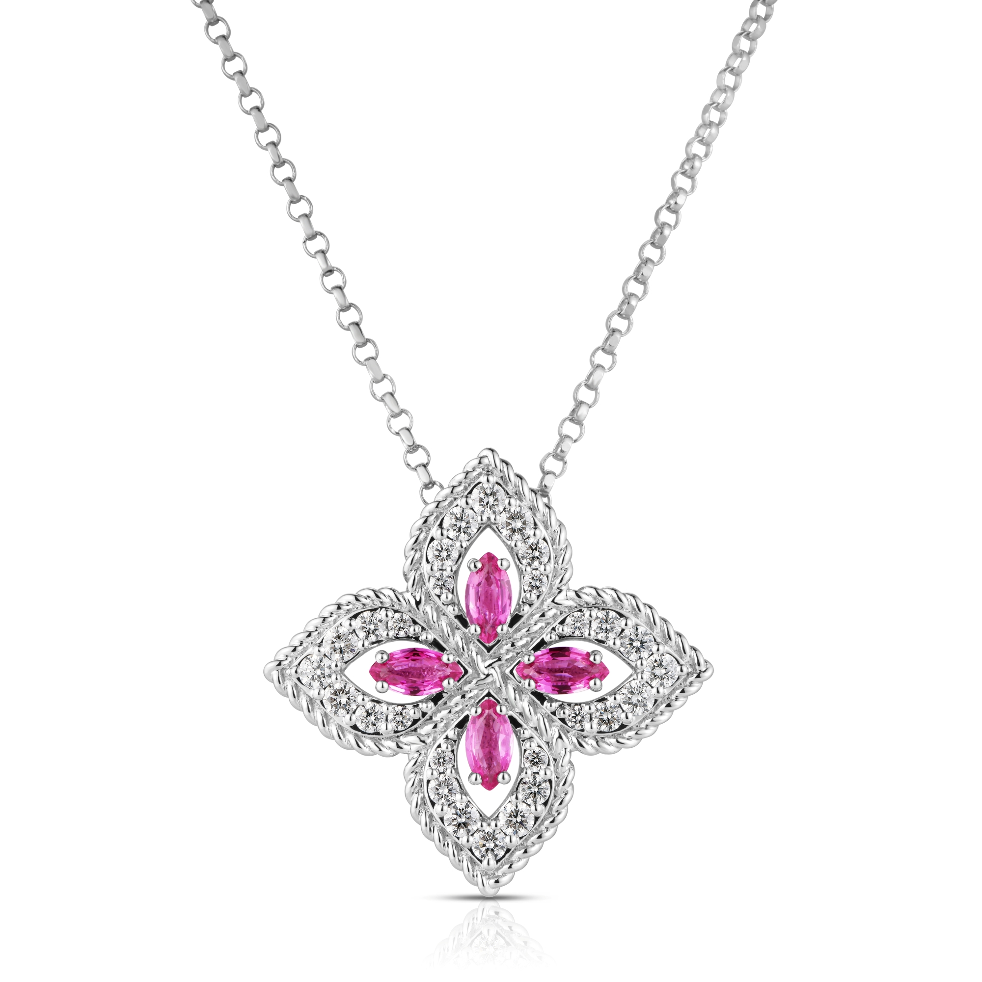 Roberto Coin 18K White Gold Princess Flower Diamond and Pink Sapphire Necklace