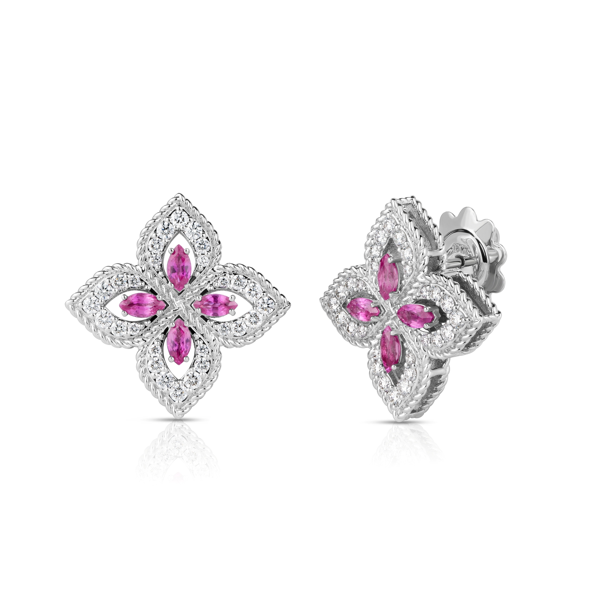 Roberto Coin 18K White Gold Princess Flower Diamond and Pink Sapphire Stud Earrings