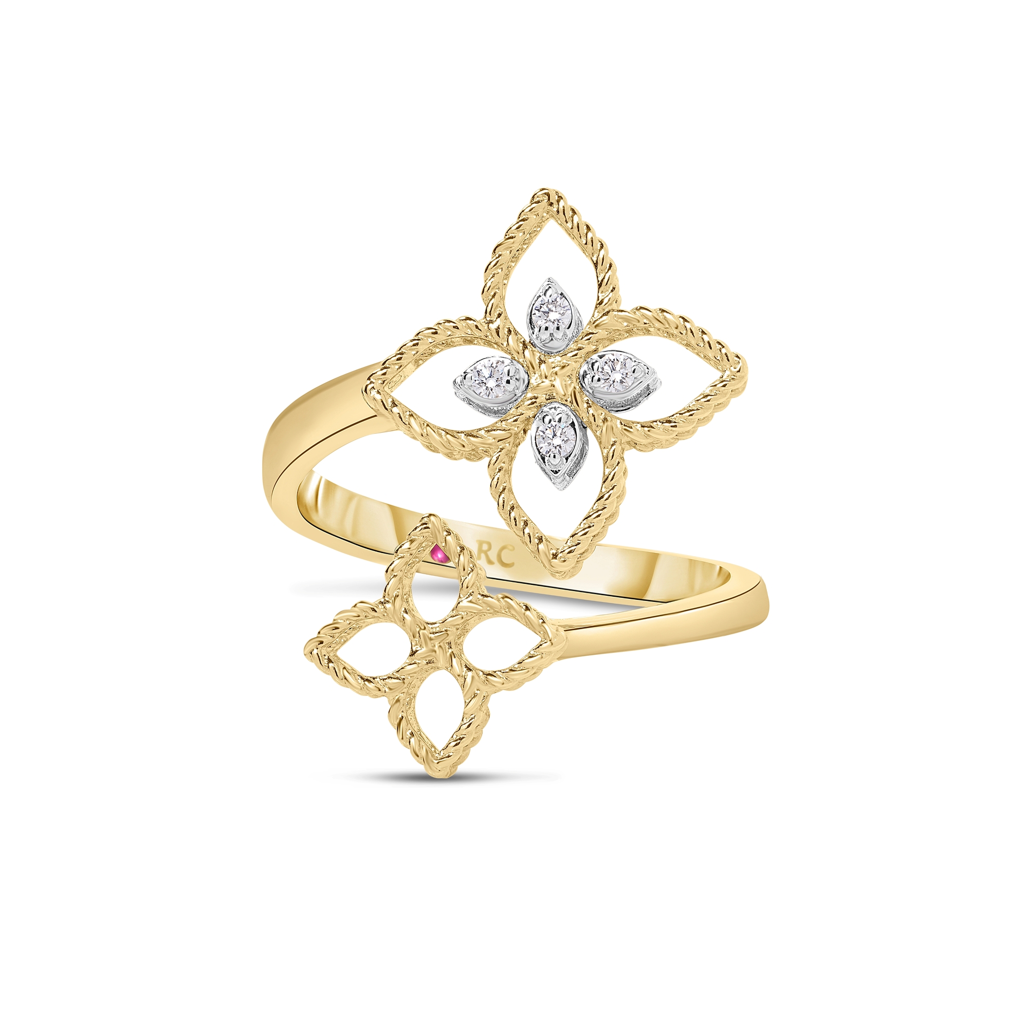 Roberto Coin 18K Yellow and White Gold Princess Flower Diamond Open Frame Bypass Ring