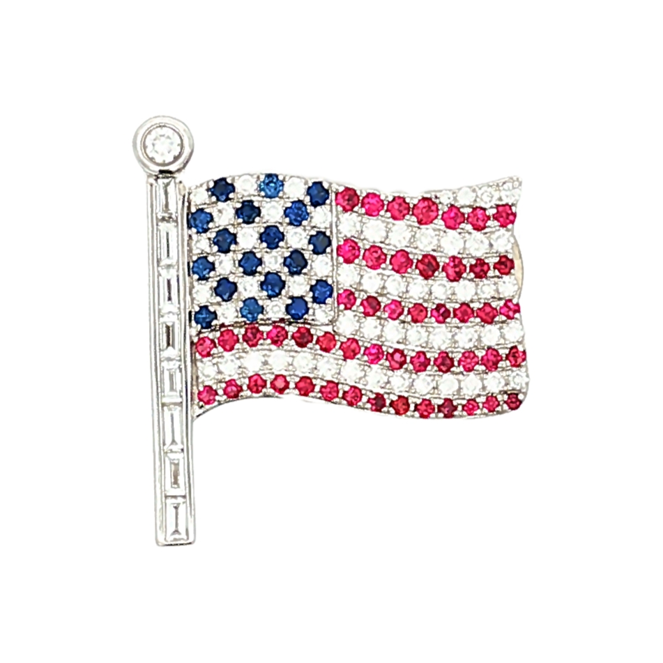 18K White Gold Sapphire, Ruby and Diamond American Flag Pin - 6461