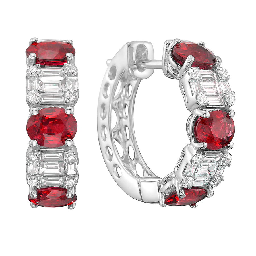 18K White Gold Ruby and Diamond Hoop Earrings - 6363